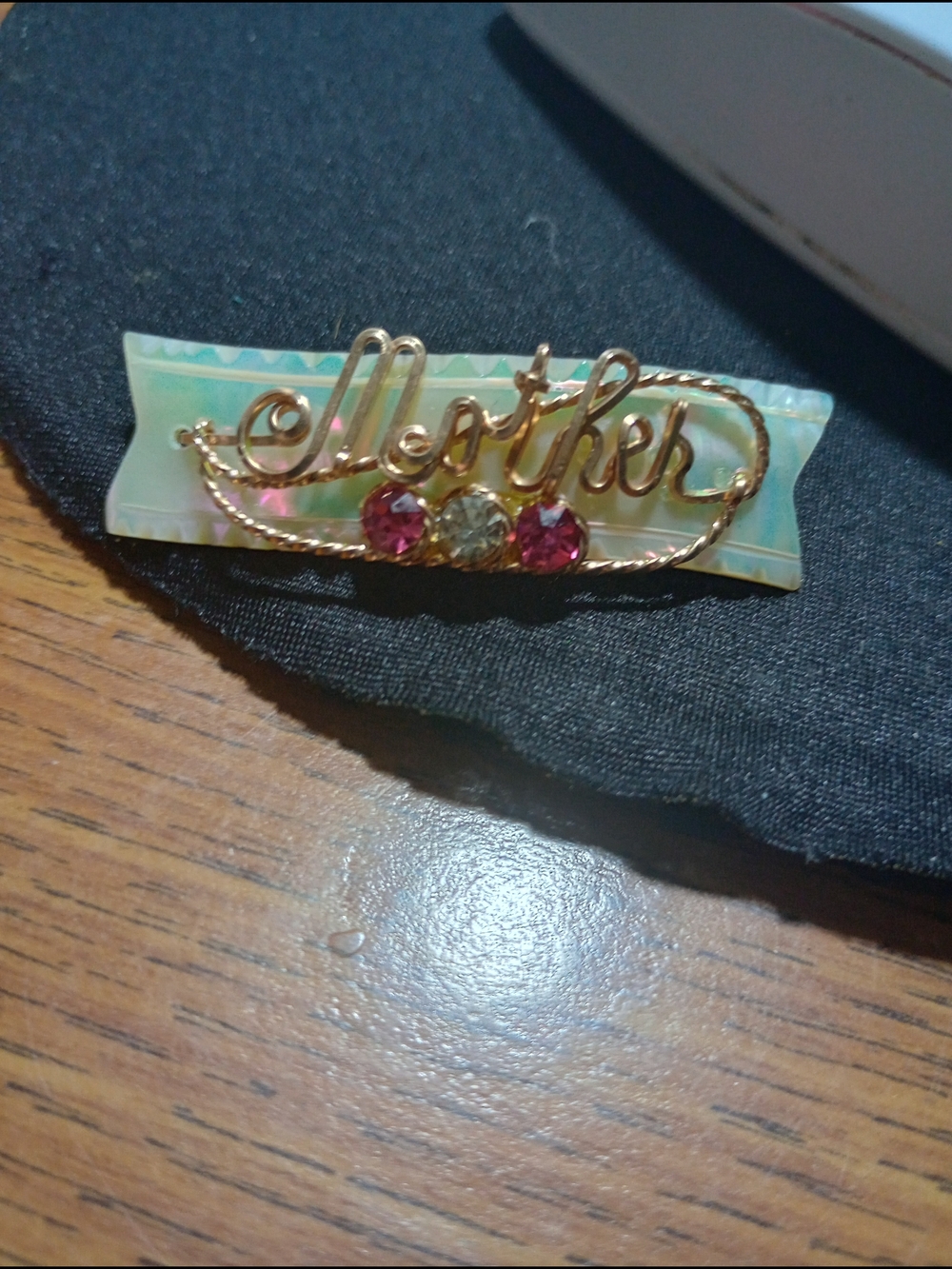 Mother Script Gold-Tone Pin with Pink and Clear Stones.   1940era. War Time